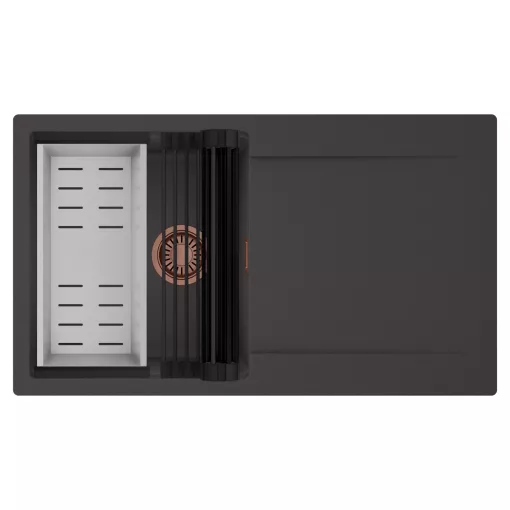 HD Onyx Antracit 86 egymedencés mosogatótálca szett, matt fekete csepegtetőráccsal és krómozott kosárral, csepegtetőtálcával, matt antracit színben, szálcsiszolt réz leeresztő szifonnal