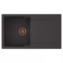 HD Onyx Antracit 86 egymedencés mosogatótálca szett, matt fekete csepegtetőráccsal, csepegtetőtálcával, matt antracit színben, szálcsiszolt réz leeresztő szifonnal