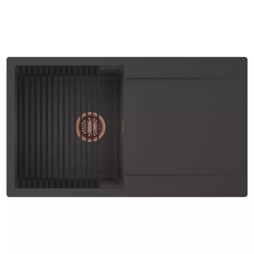 HD Onyx Antracit 86 egymedencés mosogatótálca szett, matt fekete csepegtetőráccsal, csepegtetőtálcával, matt antracit színben, szálcsiszolt réz leeresztő szifonnal