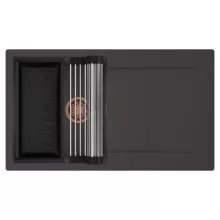 HD Onyx Antracit 86 egymedencés mosogatótálca szett, acél csepegtetőráccsal és matt fekete kosárral, csepegtetőtálcával, matt antracit színben, szálcsiszolt réz leeresztő szifonnal