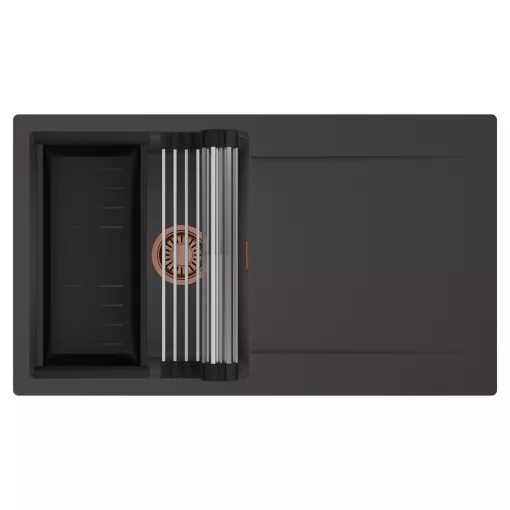 HD Onyx Antracit 86 egymedencés mosogatótálca szett, acél csepegtetőráccsal és matt fekete kosárral, csepegtetőtálcával, matt antracit színben, szálcsiszolt réz leeresztő szifonnal