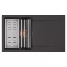 HD Onyx Antracit 86 egymedencés mosogatótálca szett, acél csepegtetőráccsal és kosárral, csepegtetőtálcával, matt antracit színben, szálcsiszolt réz leeresztő szifonnal