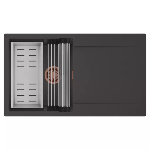 HD Onyx Antracit 86 egymedencés mosogatótálca szett, acél csepegtetőráccsal és kosárral, csepegtetőtálcával, matt antracit színben, szálcsiszolt réz leeresztő szifonnal