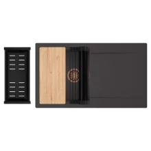 HD Onyx Antracit 86 egymedencés gránit mosogatótálca szett, csepegtetőtálcával, vágódeszkával, matt fekete csepegtetőráccsal és kosárral, matt antracit színben, szálcsiszolt réz leeresztő szifonnal