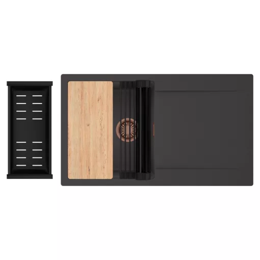 HD Onyx Antracit 86 egymedencés gránit mosogatótálca szett, csepegtetőtálcával, vágódeszkával, matt fekete csepegtetőráccsal és kosárral, matt antracit színben, szálcsiszolt réz leeresztő szifonnal