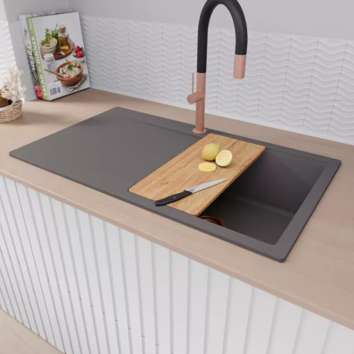 HD Onyx Antracit 86 egymedencés gránit mosogatótálca szett, csepegtetőtálcával, vágódeszkával, matt fekete csepegtetőráccsal és kosárral, matt antracit színben, szálcsiszolt réz leeresztő szifonnal