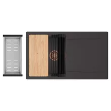 HD Onyx Antracit 86 egymedencés gránit mosogatótálca szett, csepegtetőtálcával, vágódeszkával, matt fekete csepegtetőráccsal és krómozott kosárral, matt antracit színben, szálcsiszolt réz leeresztő szifonnal