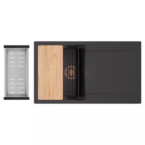 HD Onyx Antracit 86 egymedencés gránit mosogatótálca szett, csepegtetőtálcával, vágódeszkával, matt fekete csepegtetőráccsal és krómozott kosárral, matt antracit színben, szálcsiszolt réz leeresztő szifonnal