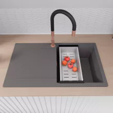 HD Onyx Antracit 86 egymedencés gránit mosogatótálca szett, csepegtetőtálcával, vágódeszkával, matt fekete csepegtetőráccsal és krómozott kosárral, matt antracit színben, szálcsiszolt réz leeresztő szifonnal