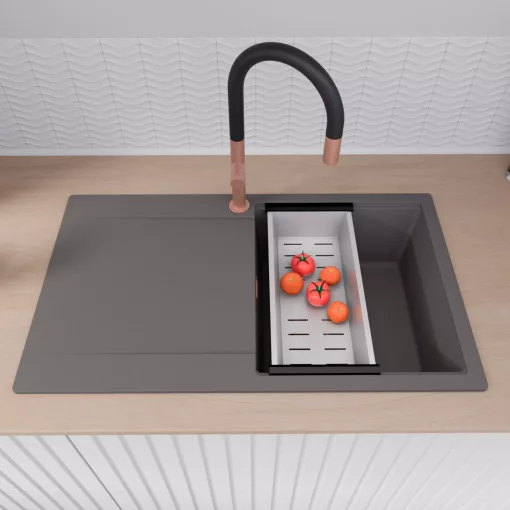 HD Onyx Antracit 86 egymedencés gránit mosogatótálca szett, csepegtetőtálcával, vágódeszkával, matt fekete csepegtetőráccsal és krómozott kosárral, matt antracit színben, szálcsiszolt réz leeresztő szifonnal