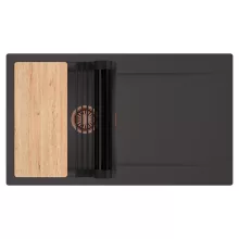 HD Onyx Antracit 86 egymedencés gránit mosogatótálca szett, csepegtetőtálcával, vágódeszkával, matt fekete csepegtetőráccsal, matt antracit színben, szálcsiszolt réz leeresztő szifonnal