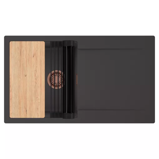 HD Onyx Antracit 86 egymedencés gránit mosogatótálca szett, csepegtetőtálcával, vágódeszkával, matt fekete csepegtetőráccsal, matt antracit színben, szálcsiszolt réz leeresztő szifonnal