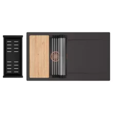 HD Onyx Antracit 86 egymedencés gránit mosogatótálca szett, csepegtetőtálcával, vágódeszkával, acél csepegtetőráccsal és matt fekete kosárral, matt antracit színben, szálcsiszolt réz leeresztő szifonnal