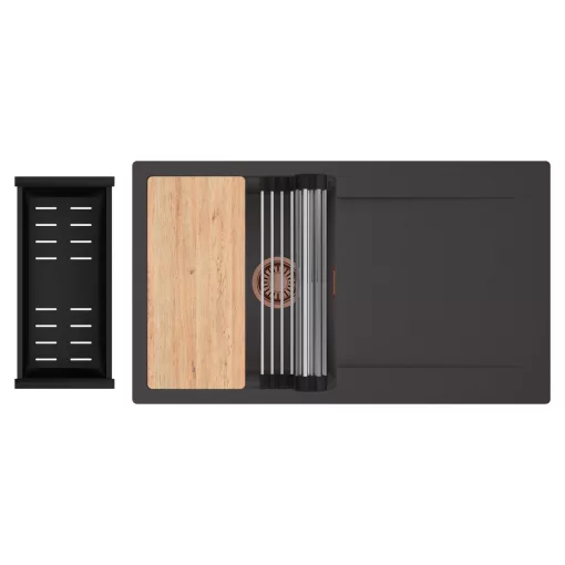 HD Onyx Antracit 86 egymedencés gránit mosogatótálca szett, csepegtetőtálcával, vágódeszkával, acél csepegtetőráccsal és matt fekete kosárral, matt antracit színben, szálcsiszolt réz leeresztő szifonnal