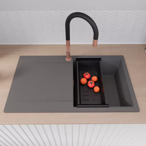 HD Onyx Antracit 86 egymedencés gránit mosogatótálca szett, csepegtetőtálcával, vágódeszkával, acél csepegtetőráccsal és matt fekete kosárral, matt antracit színben, szálcsiszolt réz leeresztő szifonnal