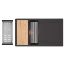 HD Onyx Antracit 86 egymedencés gránit mosogatótálca szett, csepegtetőtálcával, vágódeszkával, acél csepegtetőráccsal és kosárral, matt antracit színben, szálcsiszolt réz leeresztő szifonnal