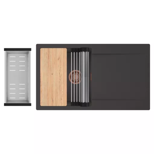 HD Onyx Antracit 86 egymedencés gránit mosogatótálca szett, csepegtetőtálcával, vágódeszkával, acél csepegtetőráccsal és kosárral, matt antracit színben, szálcsiszolt réz leeresztő szifonnal