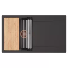 HD Onyx Antracit 86 egymedencés gránit mosogatótálca szett, csepegtetőtálcával, vágódeszkával, acél csepegtetőráccsal, matt antracit színben, szálcsiszolt réz leeresztő szifonnal