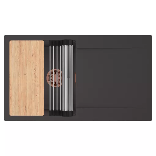 HD Onyx Antracit 86 egymedencés gránit mosogatótálca szett, csepegtetőtálcával, vágódeszkával, acél csepegtetőráccsal, matt antracit színben, szálcsiszolt réz leeresztő szifonnal