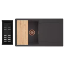 HD Onyx Antracit 86 egymedencés gránit mosogatótálca szett, csepegtetőtálcával, vágódeszkával, matt fekete csepegtetőkosárral, matt antracit színben, szálcsiszolt réz leeresztő szifonnal