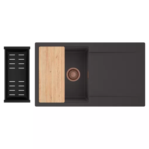 HD Onyx Antracit 86 egymedencés gránit mosogatótálca szett, csepegtetőtálcával, vágódeszkával, matt fekete csepegtetőkosárral, matt antracit színben, szálcsiszolt réz leeresztő szifonnal