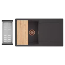 HD Onyx Antracit 86 egymedencés gránit mosogatótálca szett, csepegtetőtálcával, vágódeszkával, acél csepegtetőkosárral, matt antracit színben, szálcsiszolt réz leeresztő szifonnal