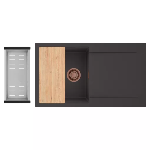 HD Onyx Antracit 86 egymedencés gránit mosogatótálca szett, csepegtetőtálcával, vágódeszkával, acél csepegtetőkosárral, matt antracit színben, szálcsiszolt réz leeresztő szifonnal