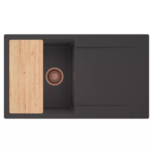 HD Onyx Antracit 86 egymedencés gránit mosogatótálca, vágódeszkával, matt antracit színben, szálcsiszolt réz leeresztő szifonnal