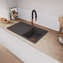 HD Onyx Antracit 86 egymedencés gránit mosogatótálca, vágódeszkával, matt antracit színben, szálcsiszolt réz leeresztő szifonnal