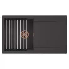 HD Onyx Antracit 86 egymedencés mosogatótálca szett, acél csepegtetőráccsal, csepegtetőtálcával, matt antracit színben, szálcsiszolt réz leeresztő szifonnal