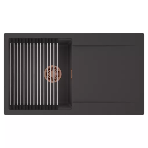 HD Onyx Antracit 86 egymedencés mosogatótálca szett, acél csepegtetőráccsal, csepegtetőtálcával, matt antracit színben, szálcsiszolt réz leeresztő szifonnal