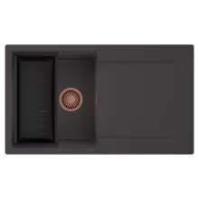 HD Onyx Antracit 86 egymedencés mosogatótálca szett, matt fekete csepegtetőkosárral, csepegtetőtálcával, matt antracit színben, szálcsiszolt réz leeresztő szifonnal