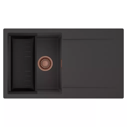 HD Onyx Antracit 86 egymedencés mosogatótálca szett, matt fekete csepegtetőkosárral, csepegtetőtálcával, matt antracit színben, szálcsiszolt réz leeresztő szifonnal