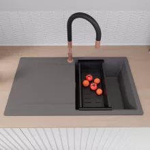 HD Onyx Antracit 86 egymedencés mosogatótálca szett, matt fekete csepegtetőkosárral, csepegtetőtálcával, matt antracit színben, szálcsiszolt réz leeresztő szifonnal