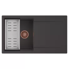 HD Onyx Antracit 86 egymedencés mosogatótálca szett, acél csepegtetőkosárral, csepegtetőtálcával, matt antracit színben, szálcsiszolt réz leeresztő szifonnal