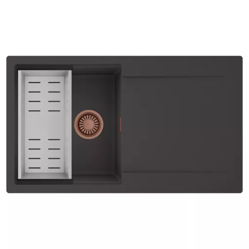 HD Onyx Antracit 86 egymedencés mosogatótálca szett, acél csepegtetőkosárral, csepegtetőtálcával, matt antracit színben, szálcsiszolt réz leeresztő szifonnal