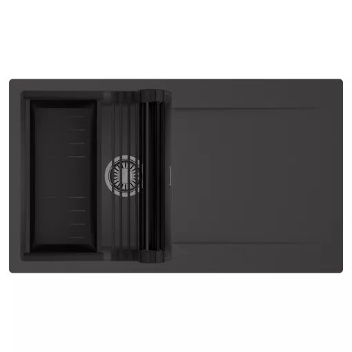 HD Onyx Antracit 86 egymedencés mosogatótálca szett, matt fekete csepegtetőráccsal és kosárral, csepegtetőtálcával, matt antracit színben