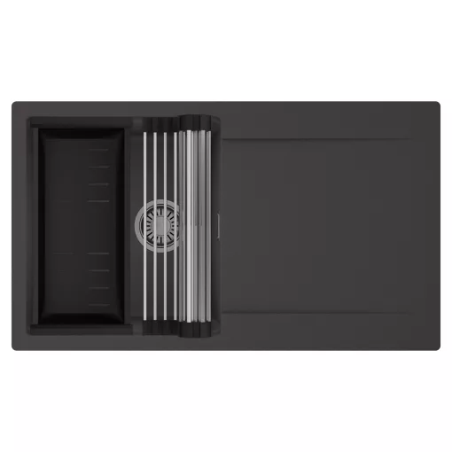 HD Onyx Antracit 86 egymedencés mosogatótálca szett, acél csepegtetőráccsal és matt fekete kosárral, csepegtetőtálcával, matt antracit színben