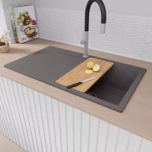 HD Onyx Antracit 86 egymedencés gránit mosogatótálca szett, csepegtetőtálcával, vágódeszkával, matt fekete csepegtetőráccsal és kosárral, matt antracit színben