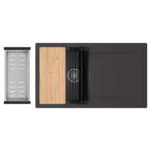 HD Onyx Antracit 86 egymedencés gránit mosogatótálca szett, csepegtetőtálcával, vágódeszkával, matt fekete csepegtetőráccsal és krómozott kosárral, matt antracit színben