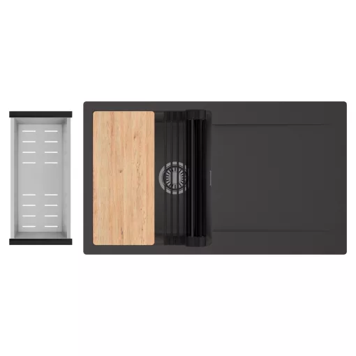 HD Onyx Antracit 86 egymedencés gránit mosogatótálca szett, csepegtetőtálcával, vágódeszkával, matt fekete csepegtetőráccsal és krómozott kosárral, matt antracit színben