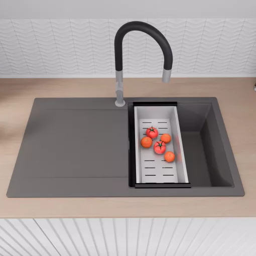 HD Onyx Antracit 86 egymedencés gránit mosogatótálca szett, csepegtetőtálcával, vágódeszkával, matt fekete csepegtetőráccsal és krómozott kosárral, matt antracit színben