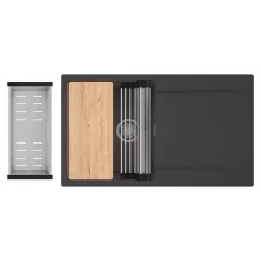   HD Onyx Antracit 86 egymedencés gránit mosogatótálca szett, csepegtetőtálcával, vágódeszkával, acél csepegtetőráccsal és kosárral, matt antracit színben