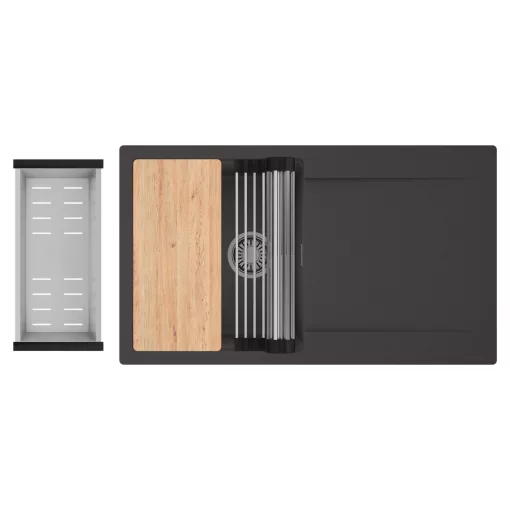 HD Onyx Antracit 86 egymedencés gránit mosogatótálca szett, csepegtetőtálcával, vágódeszkával, acél csepegtetőráccsal és kosárral, matt antracit színben