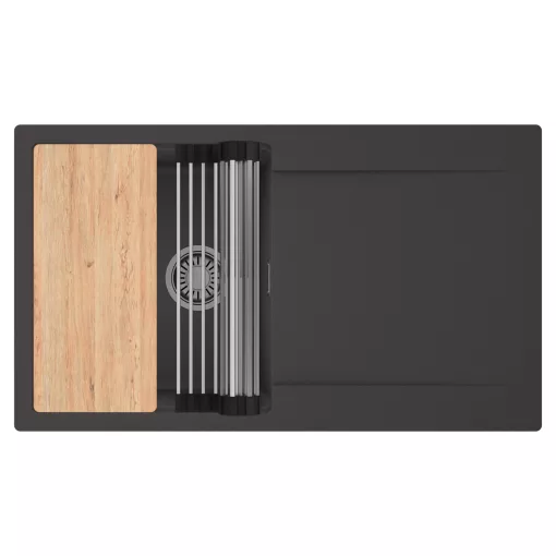 HD Onyx Antracit 86 egymedencés gránit mosogatótálca szett, csepegtetőtálcával, vágódeszkával, acél csepegtetőráccsal, matt antracit színben