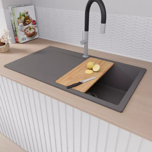 HD Onyx Antracit 86 egymedencés gránit mosogatótálca szett, csepegtetőtálcával, vágódeszkával, acél csepegtetőkosárral, matt antracit színben