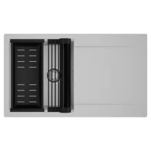 HD Onyx Grey 86 egymedencés mosogatótálca szett, matt fekete csepegtetőráccsal és kosárral, csepegtetőtálcával, alpesi szürke színben, szálcsiszolt króm leeresztő szifonnal