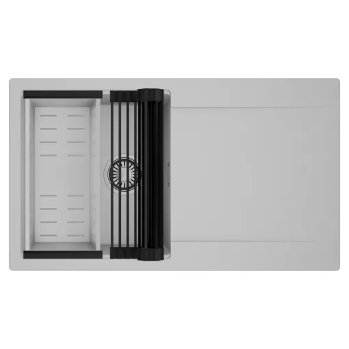 HD Onyx Grey 86 egymedencés mosogatótálca szett, matt fekete csepegtetőráccsal és krómozott kosárral, csepegtetőtálcával, alpesi szürke színben, szálcsiszolt króm leeresztő szifonnal