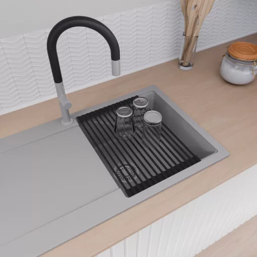 HD Onyx Grey 86 egymedencés mosogatótálca szett, matt fekete csepegtetőráccsal és krómozott kosárral, csepegtetőtálcával, alpesi szürke színben, szálcsiszolt króm leeresztő szifonnal