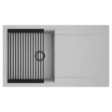 HD Onyx Grey 86 egymedencés mosogatótálca szett, matt fekete csepegtetőráccsal, csepegtetőtálcával, alpesi szürke színben, szálcsiszolt króm leeresztő szifonnal